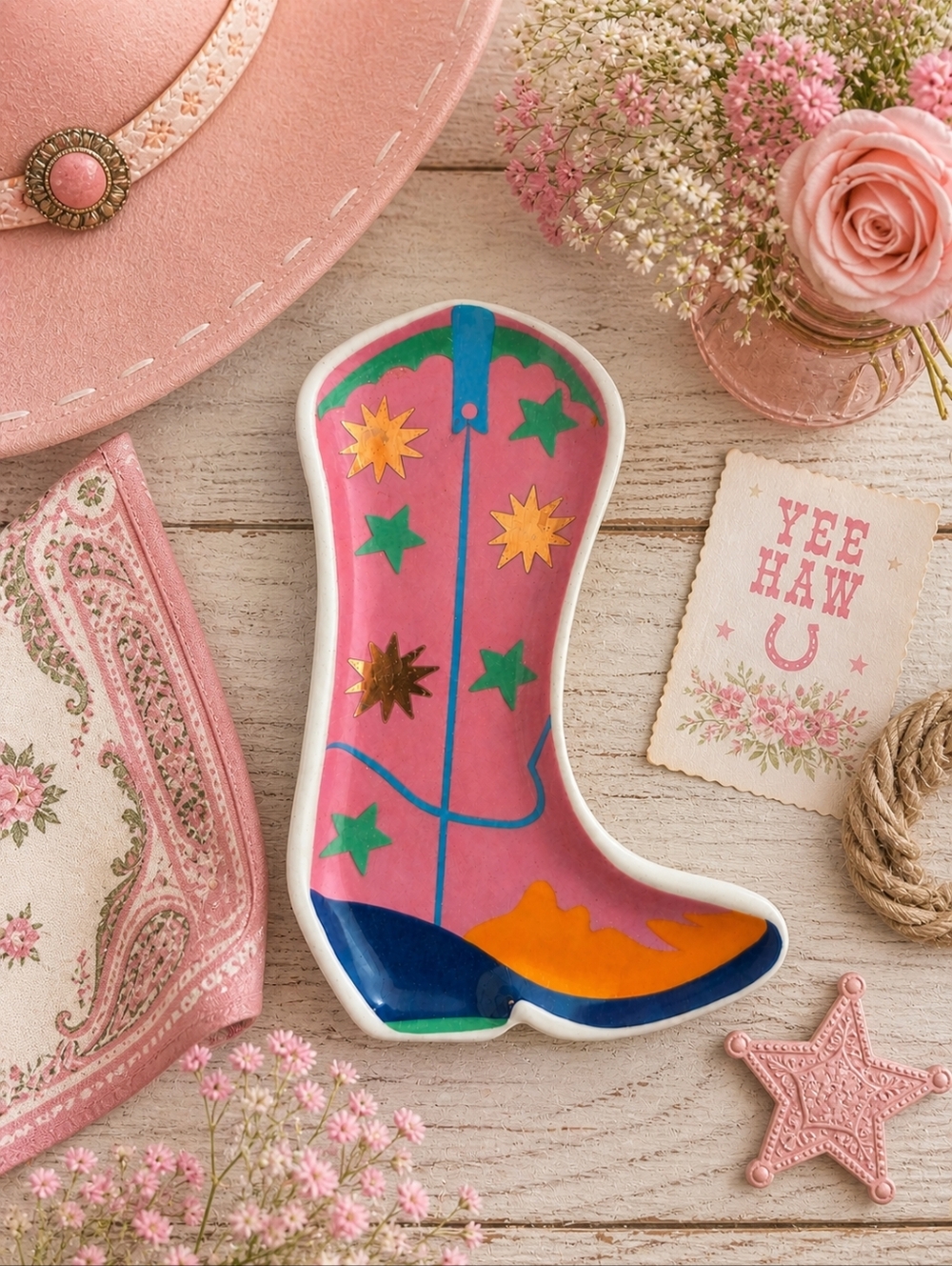 Pink Western Boot Trinket Dish w/ Gold Stars | Jewelry Holder | NWT